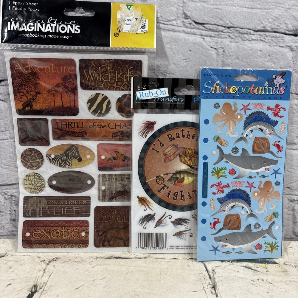 Scrapbooking Stickers Lot African Wildlife Fly Fishing Marine Animals Crafts